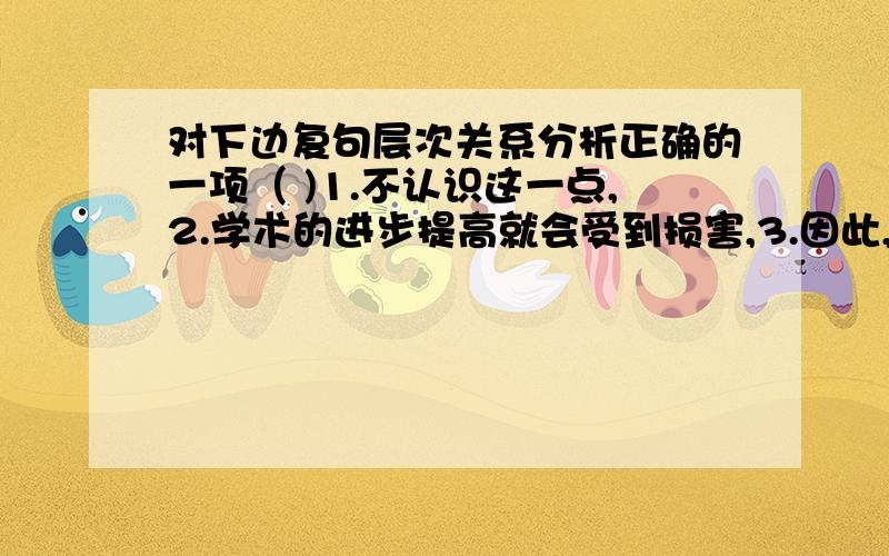 对下边复句层次关系分析正确的一项（ )1.不认识这一点,2.学术的进步提高就会受到损害,3.因此,学术研究工作者也必须抱谦虚、谨慎、严肃、认证的态度.A.1| 2||3 B.1||2| 3 C.1||2| 3 D.1| 2||3条件 因