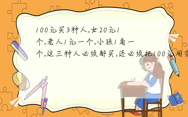 100元买3种人,女20元1个,老人1元一个,小孩1角一个,这三种人必须都买,还必须把100元用完,该怎样买?这个问题很难的,这个问题很难的,这个问题很难的,这个问题很难的,这个问题很难的,这个问题