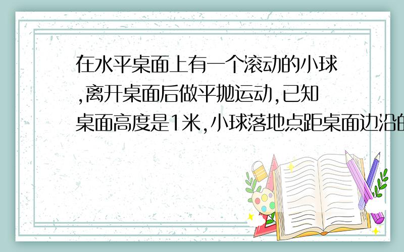 在水平桌面上有一个滚动的小球,离开桌面后做平抛运动,已知桌面高度是1米,小球落地点距桌面边沿的水...在水平桌面上有一个滚动的小球,离开桌面后做平抛运动,已知桌面高度是1米,小球落