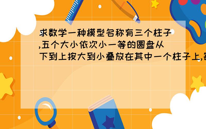 求数学一种模型名称有三个柱子,五个大小依次小一等的圆盘从下到上按大到小叠放在其中一个柱子上,每次可以移动一个圆盘到另一个柱子上,圆盘可以移动到其他两个柱子上叠放,但规则是大