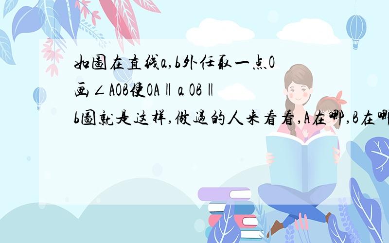 如图在直线a,b外任取一点O画∠AOB使OA‖a OB‖b图就是这样,做过的人来看看,A在哪,B在哪