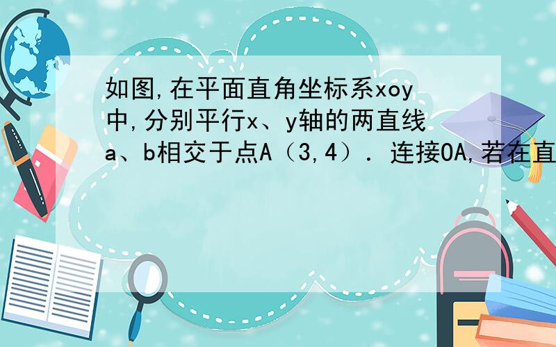 如图,在平面直角坐标系xoy中,分别平行x、y轴的两直线a、b相交于点A（3,4）．连接OA,若在直线a上存在点