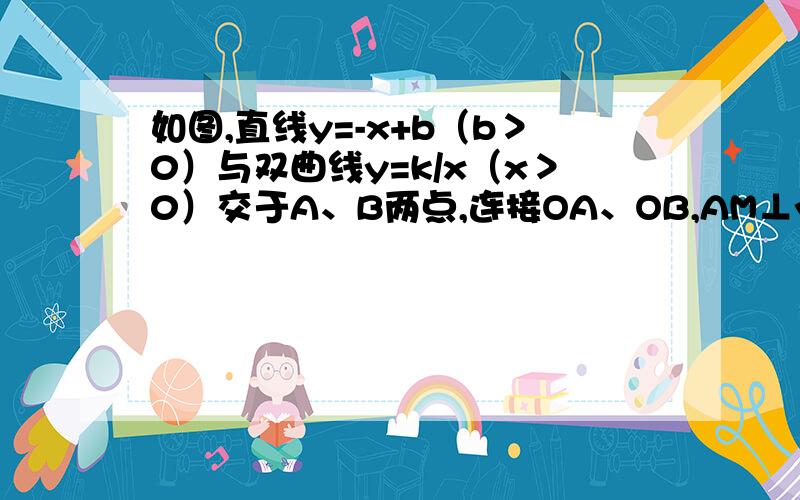 如图,直线y=-x+b（b＞0）与双曲线y=k/x（x＞0）交于A、B两点,连接OA、OB,AM⊥y轴于M,BN⊥x轴于N,以下结论：1：OA=OB;2：△AOM≌△BON；3：若∠AOB=45°,则S△AOB=K;4：当AB=根号2时,ON-BN=1其中结论正确的个