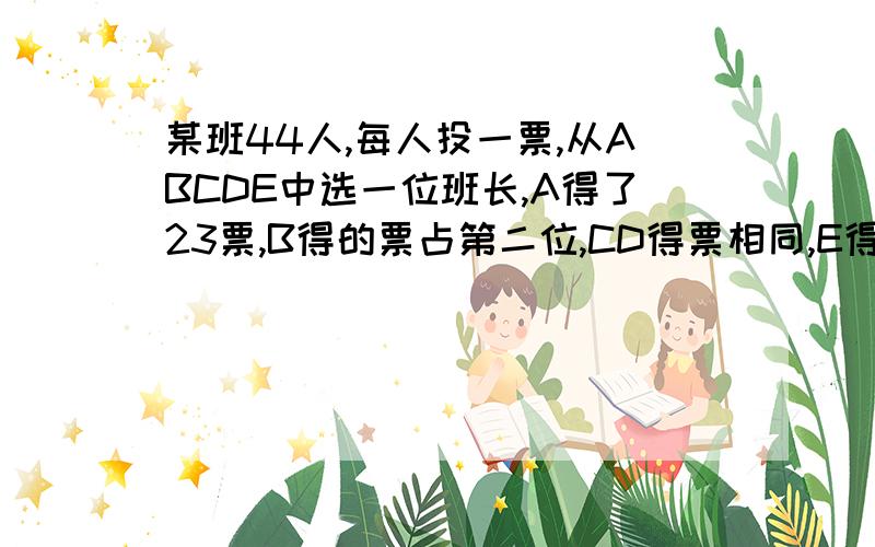 某班44人,每人投一票,从ABCDE中选一位班长,A得了23票,B得的票占第二位,CD得票相同,E得票最少,得了4票,那么B得了（）票.算式 不要方程