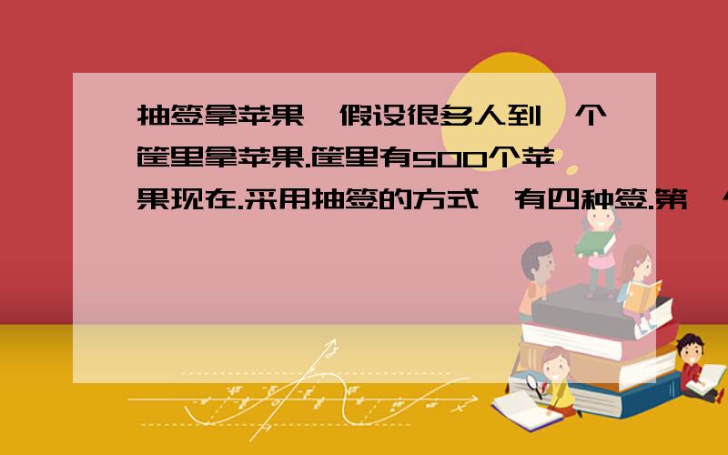 抽签拿苹果,假设很多人到一个筐里拿苹果.筐里有500个苹果现在.采用抽签的方式,有四种签.第一个,是从筐里拿走10个苹果 第二个,是从筐里拿走20个苹果 第三个,是从筐里拿走30个苹果.第四个