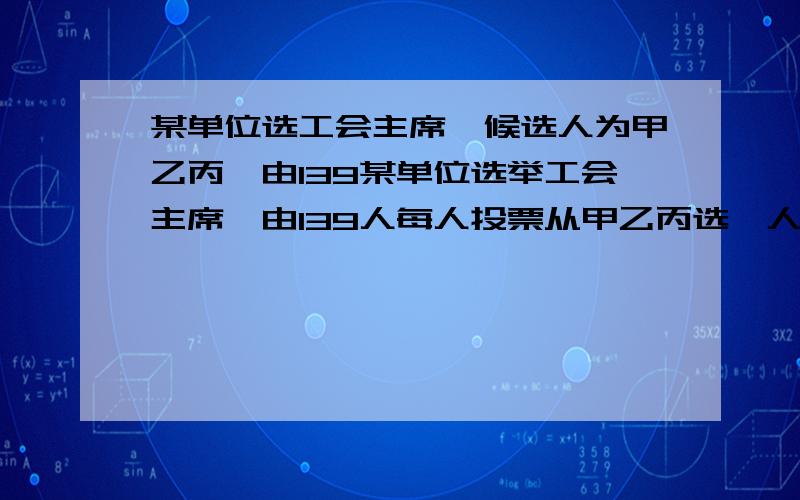 某单位选工会主席,候选人为甲乙丙,由139某单位选举工会主席,由139人每人投票从甲乙丙选一人,并且在计票过程统计到100票时,甲得到45票,乙得到20票,丙得到35票,如果得票比其他俩人都多的候