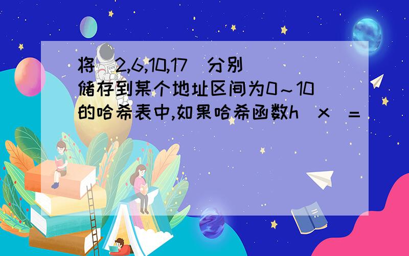 将(2,6,10,17)分别储存到某个地址区间为0～10的哈希表中,如果哈希函数h(x)= ( ),将不会产生冲突.A.x mod 11B.x平方 mod 11C.2x mod 11D.根号x(向下取整) mod 11额,尽量详细一点,哈希表百度了,表示看不懂,希