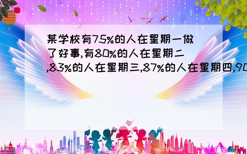 某学校有75%的人在星期一做了好事,有80%的人在星期二,83%的人在星期三,87%的人在星期四,90%的人在星期五,问全校在五天中都做好事的人占全校人数的百分比至少是?