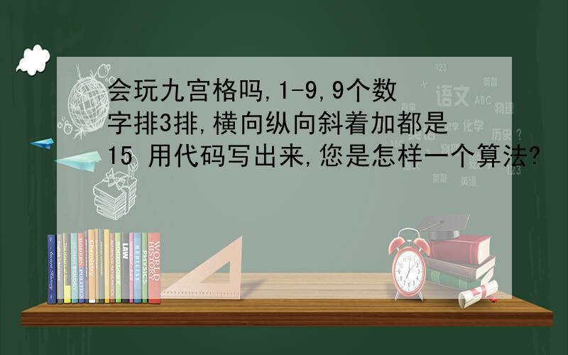 会玩九宫格吗,1-9,9个数字排3排,横向纵向斜着加都是15 用代码写出来,您是怎样一个算法?