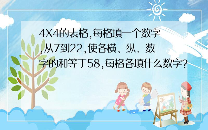 4X4的表格,每格填一个数字,从7到22,使各横、纵、数字的和等于58,每格各填什么数字?