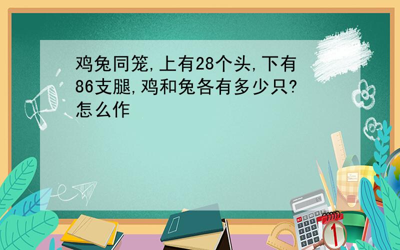 鸡兔同笼,上有28个头,下有86支腿,鸡和兔各有多少只?怎么作