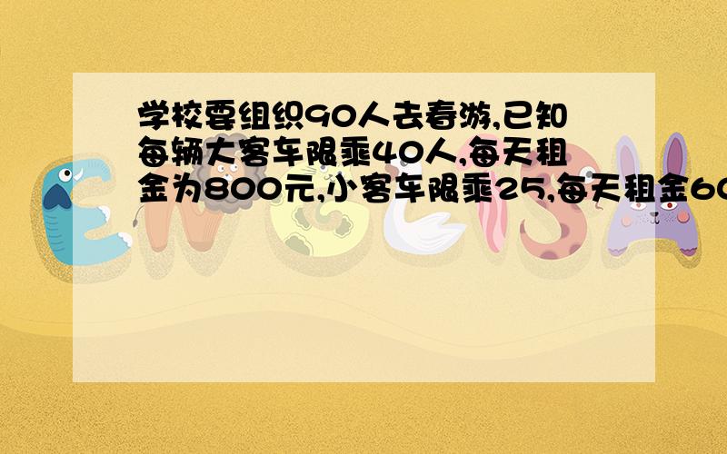 学校要组织90人去春游,已知每辆大客车限乘40人,每天租金为800元,小客车限乘25,每天租金600元.列表解答并说明学校怎样租车划算.要求在30分钟内解答出来.