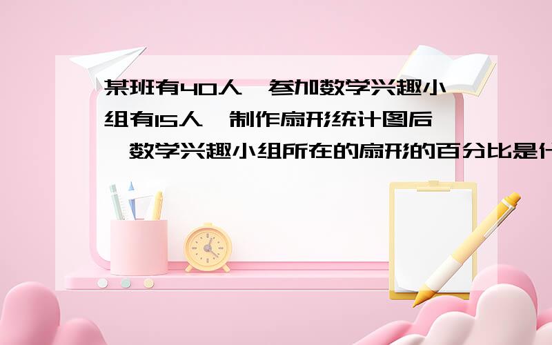 某班有40人,参加数学兴趣小组有15人,制作扇形统计图后,数学兴趣小组所在的扇形的百分比是什么?