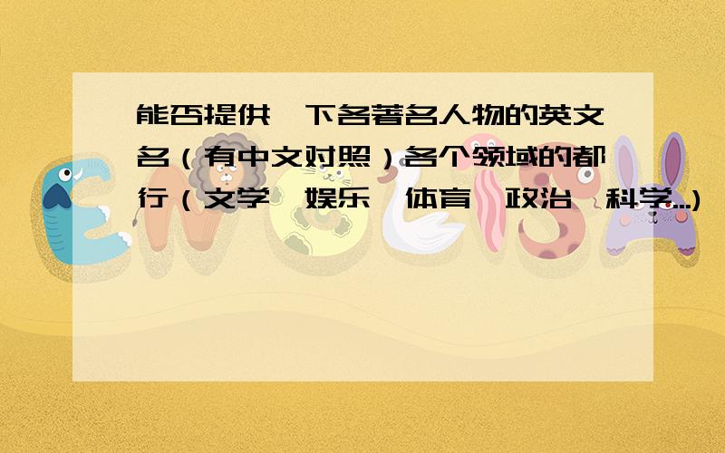 能否提供一下各著名人物的英文名（有中文对照）各个领域的都行（文学、娱乐、体育、政治、科学...),P.S:要有English Vision