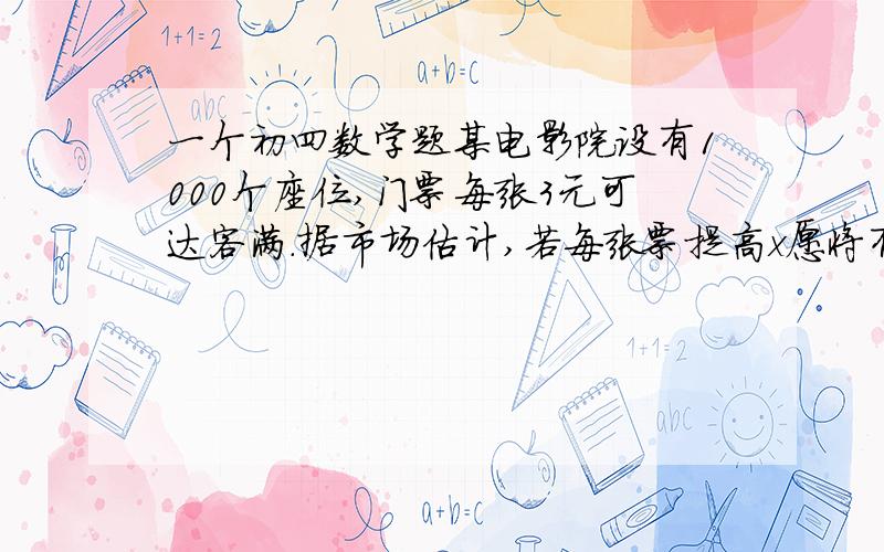 一个初四数学题某电影院设有1000个座位,门票每张3元可达客满.据市场估计,若每张票提高x愿将有200x张门票不能售出.求（1）提价后每场电影的票房收入y元与提高的票价x元间的函数关系式和