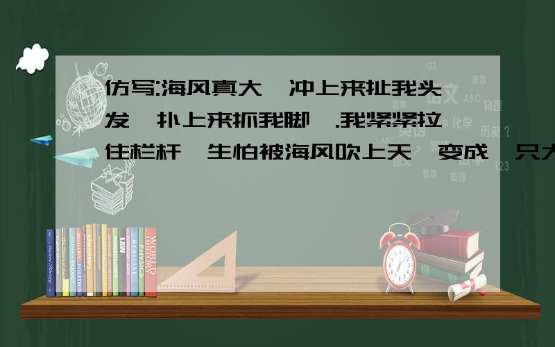 仿写:海风真大,冲上来扯我头发,扑上来抓我脚丫.我紧紧拉住栏杆,生怕被海风吹上天,变成一只大雁