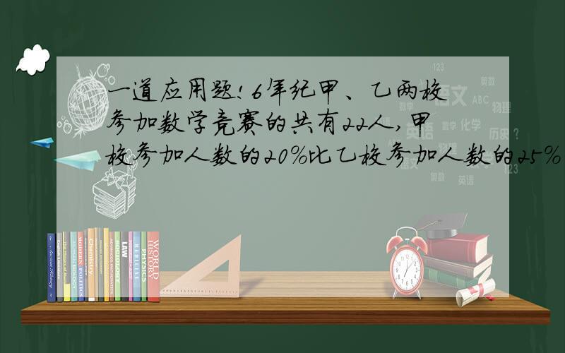 一道应用题!6年纪甲、乙两校参加数学竞赛的共有22人,甲校参加人数的20%比乙校参加人数的25%少1人,求甲、乙两校参加竞赛的人数各是多少?