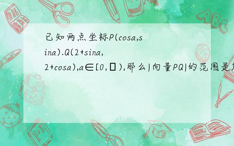 已知两点坐标P(cosa,sina).Q(2+sina,2+cosa),a∈[0,π),那么|向量PQ|的范围是能具体些吗？？谢谢~~