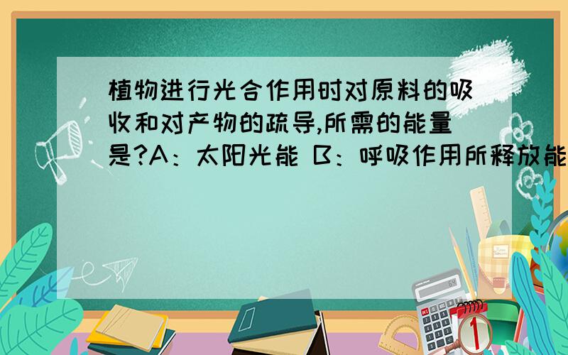 植物进行光合作用时对原料的吸收和对产物的疏导,所需的能量是?A：太阳光能 B：呼吸作用所释放能量中的一部分C：电灯光能 D：有机物分解作为热量放散出来的部分