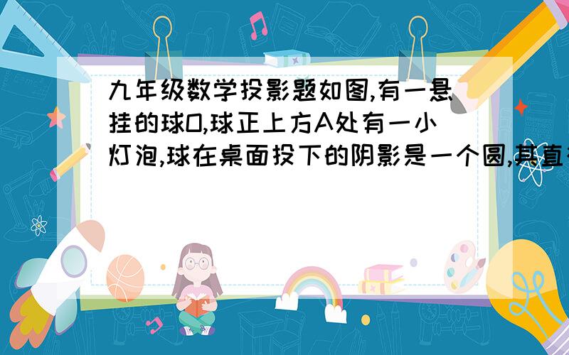 九年级数学投影题如图,有一悬挂的球O,球正上方A处有一小灯泡,球在桌面投下的阴影是一个圆,其直径BC=30cm,在B处看球,最大仰角是60°,最小仰角是30°,求球心O到桌面的距离.