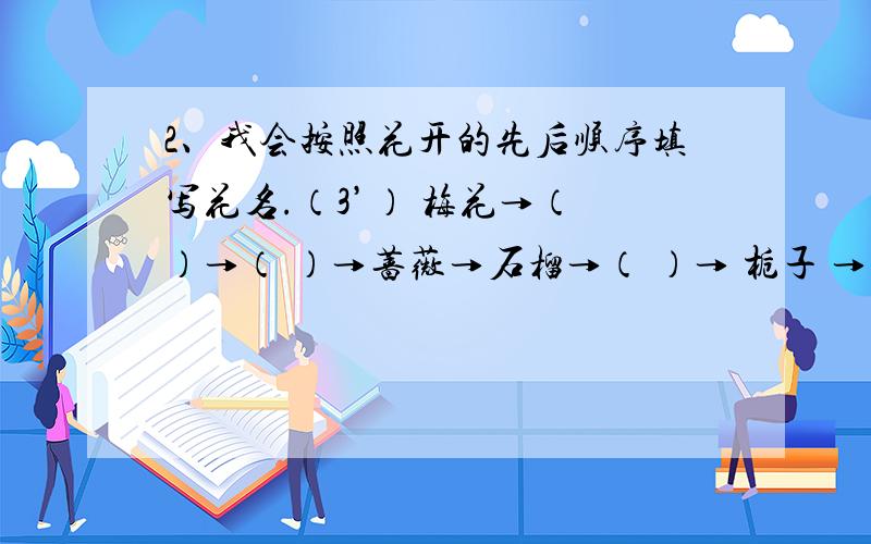 2、我会按照花开的先后顺序填写花名.（3’） 梅花→（ ）→（ ）→蔷薇→石榴→（ ）→ 栀子 →丹桂→（