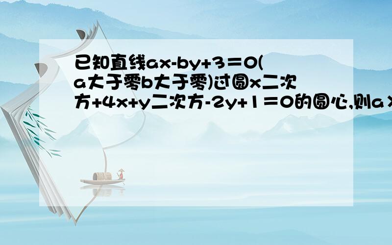 已知直线ax-by+3＝0(a大于零b大于零)过圆x二次方+4x+y二次方-2y+1＝0的圆心,则a×b的最大值是多少?