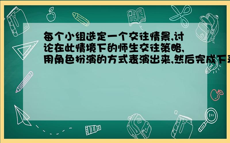 每个小组选定一个交往情景,讨论在此情境下的师生交往策略,用角色扮演的方式表演出来,然后完成下表.沟通的方法 重要提示情境一 指出老师的错误情境二 对待老师的批评 情境三 被老师冤