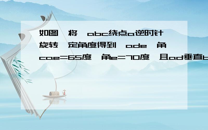 如图,将△abc绕点a逆时针旋转一定角度得到△ade,角cae=65度,角e=70度,且ad垂直bc,求角bac的度数