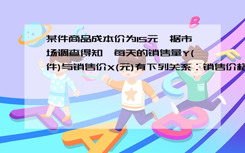 某件商品成本价为15元,据市场调查得知,每天的销售量Y(件)与销售价X(元)有下列关系：销售价格X（元） 20 25 30 50销售量y（件） 15 12 10 6（1）求y关于x的函数解析式（可以不需要过程）（2）在