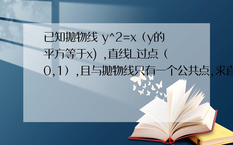 已知抛物线 y^2=x（y的平方等于x) ,直线L过点（0,1）,且与抛物线只有一个公共点,求直线L的方程 最好有点过程