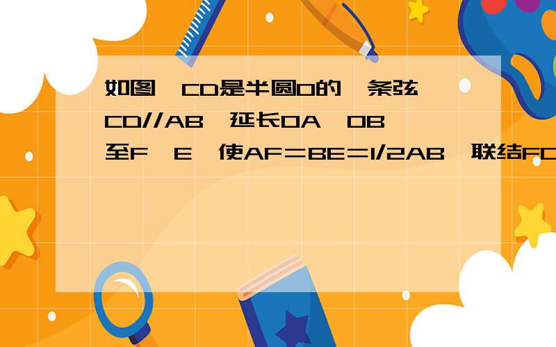 如图,CD是半圆O的一条弦,CD//AB,延长OA、OB至F、E,使AF＝BE＝1/2AB,联结FC、ED,CD=2,AB=6（1）求∠F的正切值.（2）联结FD,与半径OC交于H,求△FHO的面积