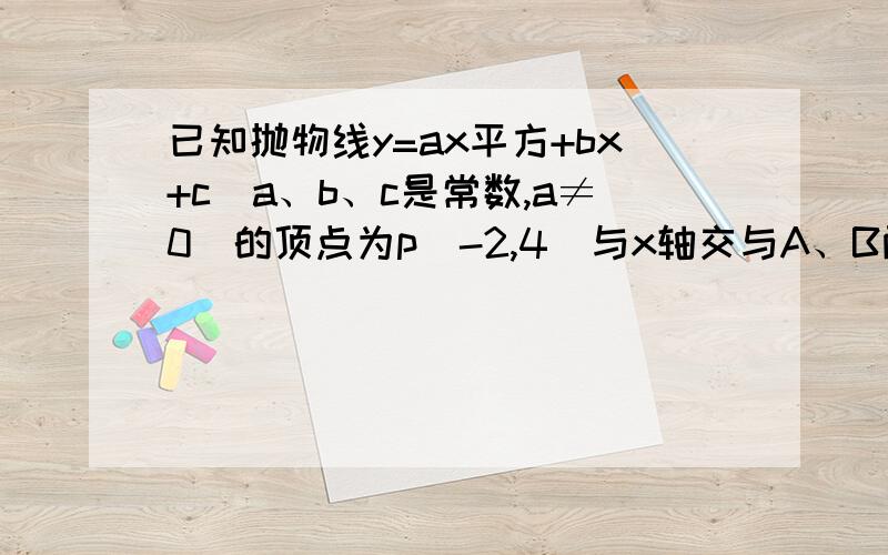 已知抛物线y=ax平方+bx+c（a、b、c是常数,a≠0）的顶点为p（-2,4）与x轴交与A、B两点且△PAB的面积为8求这条抛物线表达式 一点钟以前悬赏40