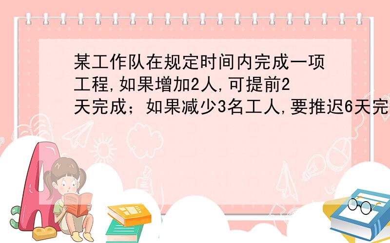 某工作队在规定时间内完成一项工程,如果增加2人,可提前2天完成；如果减少3名工人,要推迟6天完成,原有多少工人,规定的时间有多长?