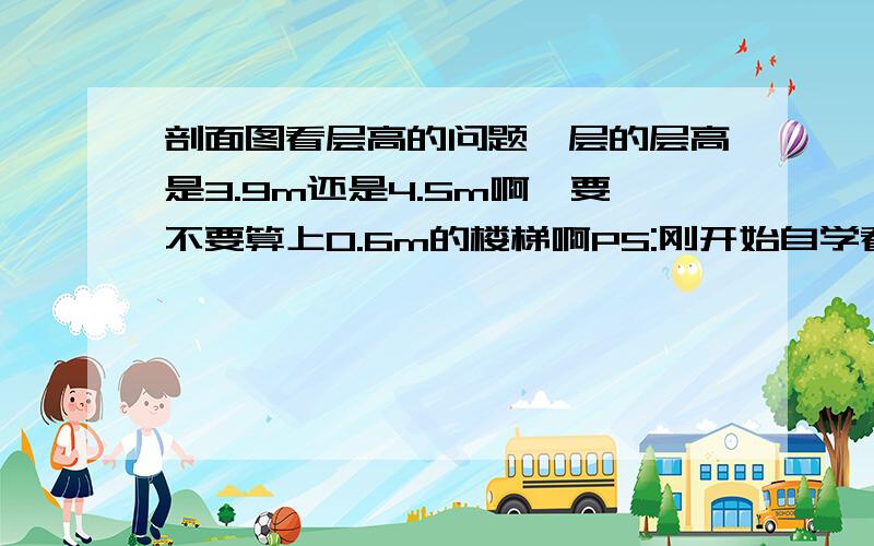 剖面图看层高的问题一层的层高是3.9m还是4.5m啊,要不要算上0.6m的楼梯啊PS:刚开始自学看图纸要看哪些书啊