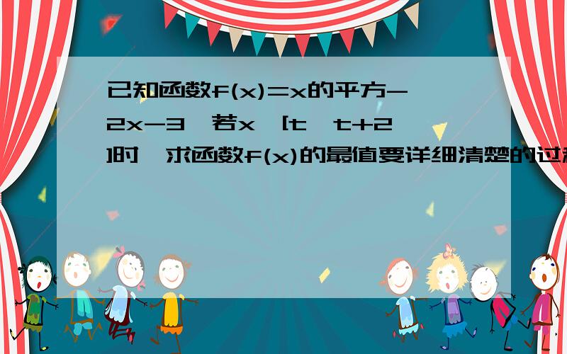 已知函数f(x)=x的平方-2x-3,若x∈[t,t+2]时,求函数f(x)的最值要详细清楚的过程一步一步的内种