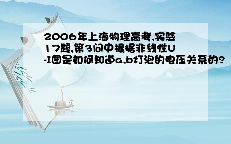 2006年上海物理高考,实验17题,第3问中根据非线性U-I图是如何知道a,b灯泡的电压关系的?（2006•上海）表格中所列数据是测量小灯泡 U-I关系的实验数据：U（V）0.00.20.51.01.52.02.53.0I（A）0.0000.0