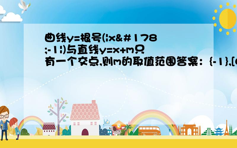 曲线y=根号(|x²-1|)与直线y=x+m只有一个交点,则m的取值范围答案：{-1},[0,1)∪(根号2,正无穷）,求过程