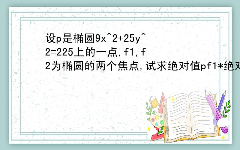 设p是椭圆9x^2+25y^2=225上的一点,f1,f2为椭圆的两个焦点,试求绝对值pf1*绝对值pf2最小值和最大值