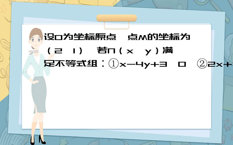 设O为坐标原点,点M的坐标为（2,1）,若N（x,y）满足不等式组：①x-4y+3≤0,②2x+y-12≤0,③x≥1,则y+4/x+1的取值范围是?