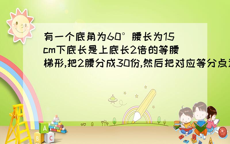 有一个底角为60°腰长为15cm下底长是上底长2倍的等腰梯形,把2腰分成30份,然后把对应等分点连起来,这些线段总长是多少cm?