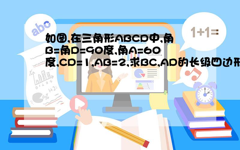 如图,在三角形ABCD中,角B=角D=90度,角A=60度,CD=1,AB=2,求BC,AD的长级四边形ABCD的面积