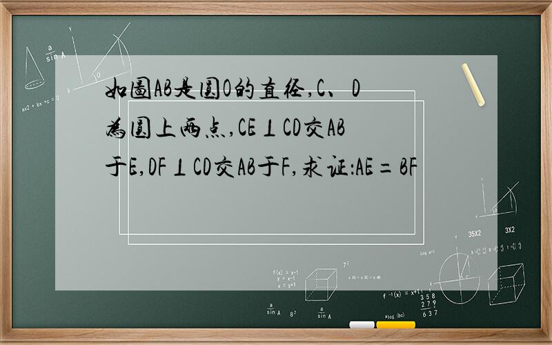 如图AB是圆O的直径,C、D为圆上两点,CE⊥CD交AB于E,DF⊥CD交AB于F,求证：AE=BF