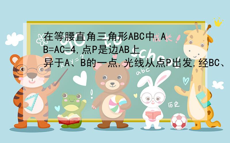 在等腰直角三角形ABC中,AB=AC=4,点P是边AB上异于A、B的一点,光线从点P出发,经BC、CA后回到p,若QR经过三