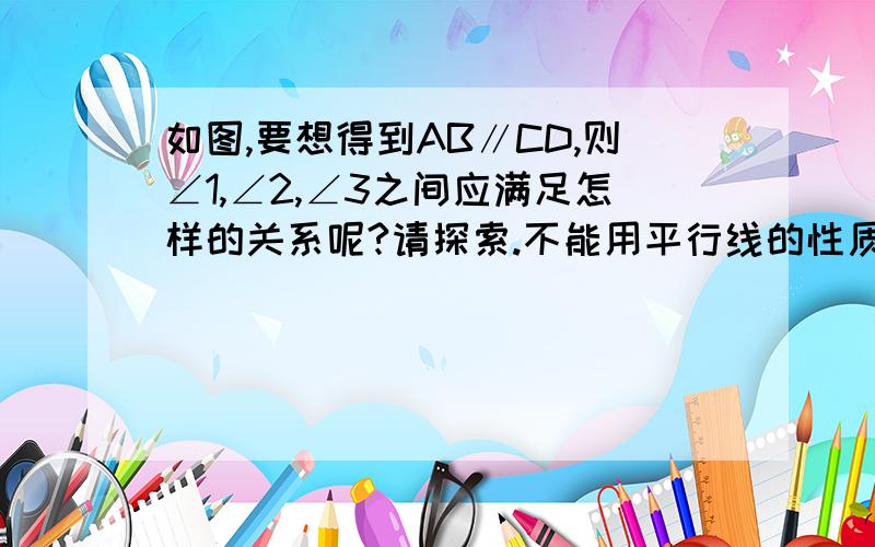 如图,要想得到AB∥CD,则∠1,∠2,∠3之间应满足怎样的关系呢?请探索.不能用平行线的性质（如两直线平行,同旁内角互补）,只能用平行线的判定（如同旁内角互补,两直线平行）等.