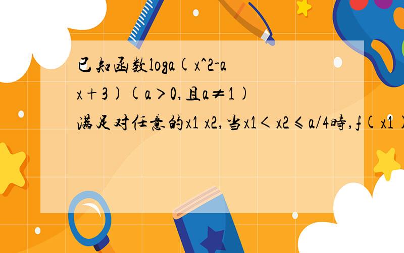 已知函数loga(x^2-ax+3)(a＞0,且a≠1)满足对任意的x1 x2,当x1＜x2≤a/4时,f(x1)-f(x2)＞0,则a的取值范大哥大姐帮个忙啊