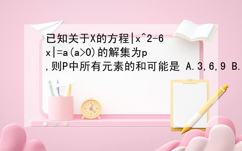 已知关于X的方程|x^2-6x|=a(a>0)的解集为p,则P中所有元素的和可能是 A.3,6,9 B.6,已知关于X的方程|x^2-6x|=a(a>0)的解集为p,则P中所有元素的和可能是A.3,6,9B.6,9,12C.9.12.15D.6,12,15