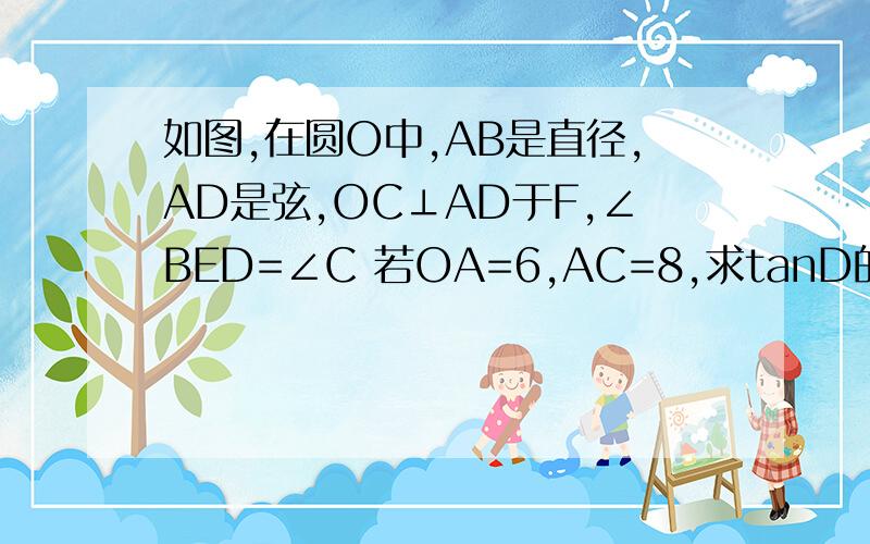 如图,在圆O中,AB是直径,AD是弦,OC⊥AD于F,∠BED=∠C 若OA=6,AC=8,求tanD的值