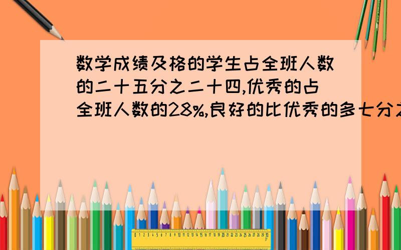 数学成绩及格的学生占全班人数的二十五分之二十四,优秀的占全班人数的28%,良好的比优秀的多七分之二,不及格的有2人,全班有多少人?良好的有多少人?