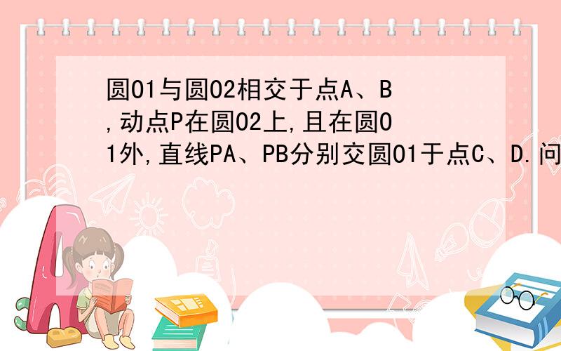 圆O1与圆O2相交于点A、B,动点P在圆O2上,且在圆O1外,直线PA、PB分别交圆O1于点C、D.问O1的弦CD的长是否随点P的运动而发生变化?如不发生变化请证明：如不发生变化,请确定CD最长或最短时点P的位