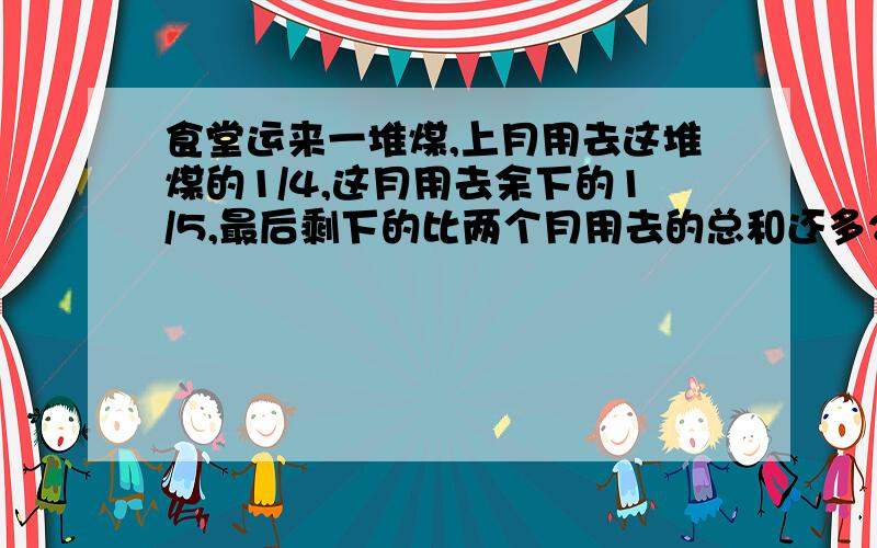 食堂运来一堆煤,上月用去这堆煤的1/4,这月用去余下的1/5,最后剩下的比两个月用去的总和还多240斤.这堆煤原有多少斤?